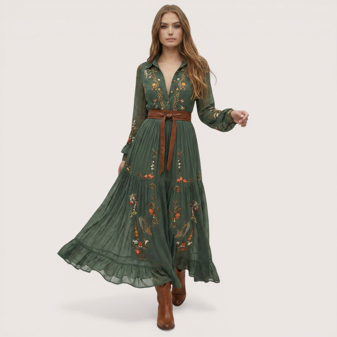 Alina | Women's Maxi Dress with Floral Embroidery and Sheer Sleeves   Castiles