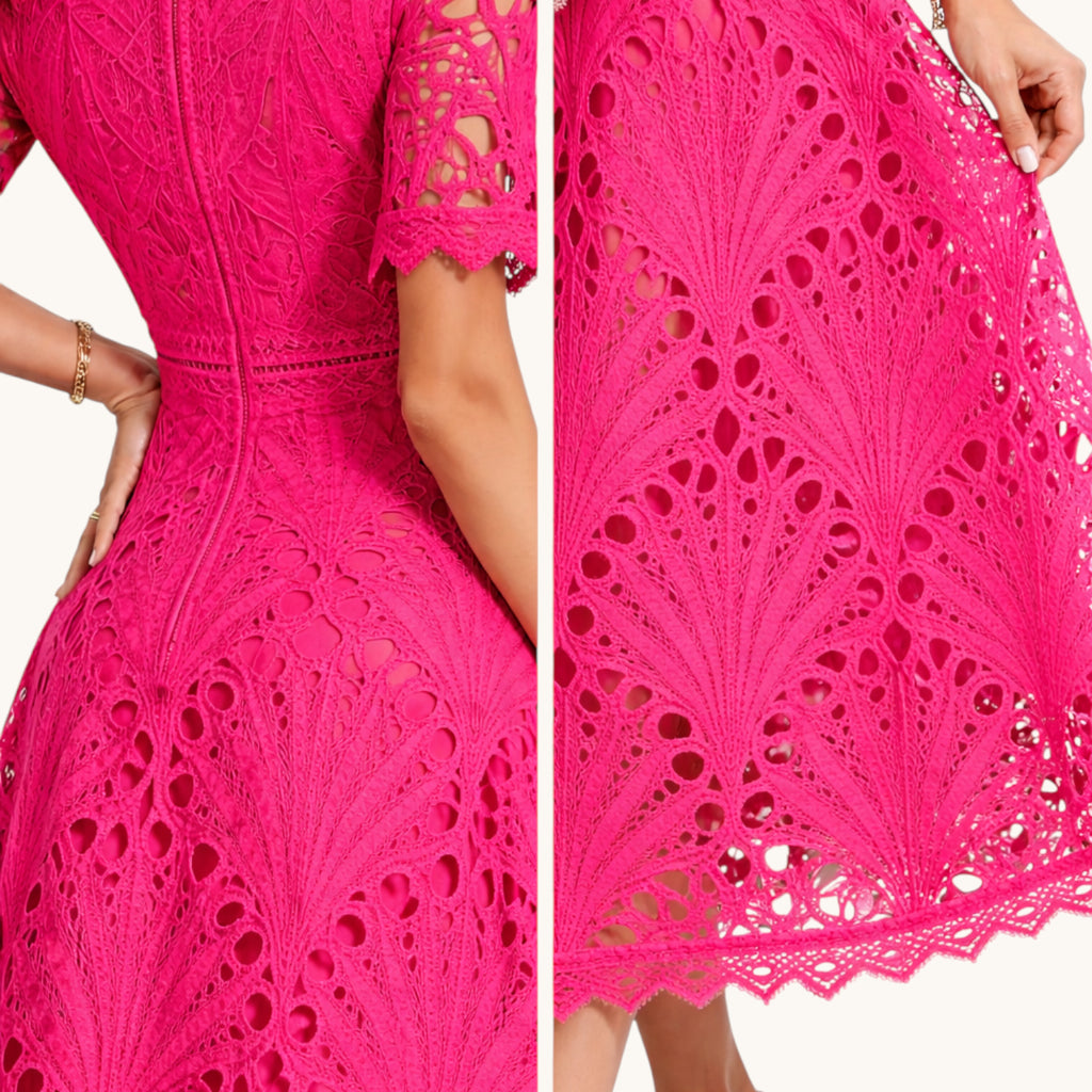 Aria | Women’s Short Sleeve Lace Fit & Flare Midi Dress