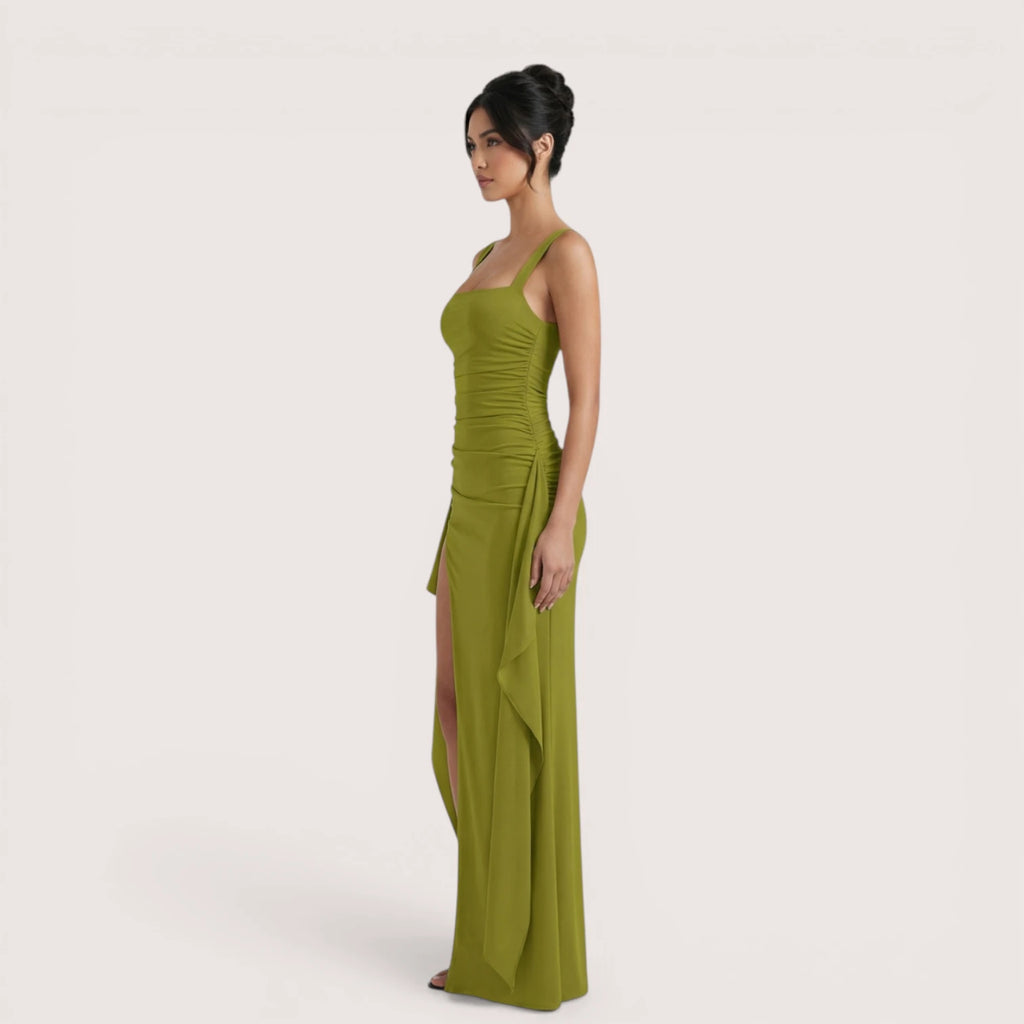 Selene Luxe Ruched Side Split Maxi Dress