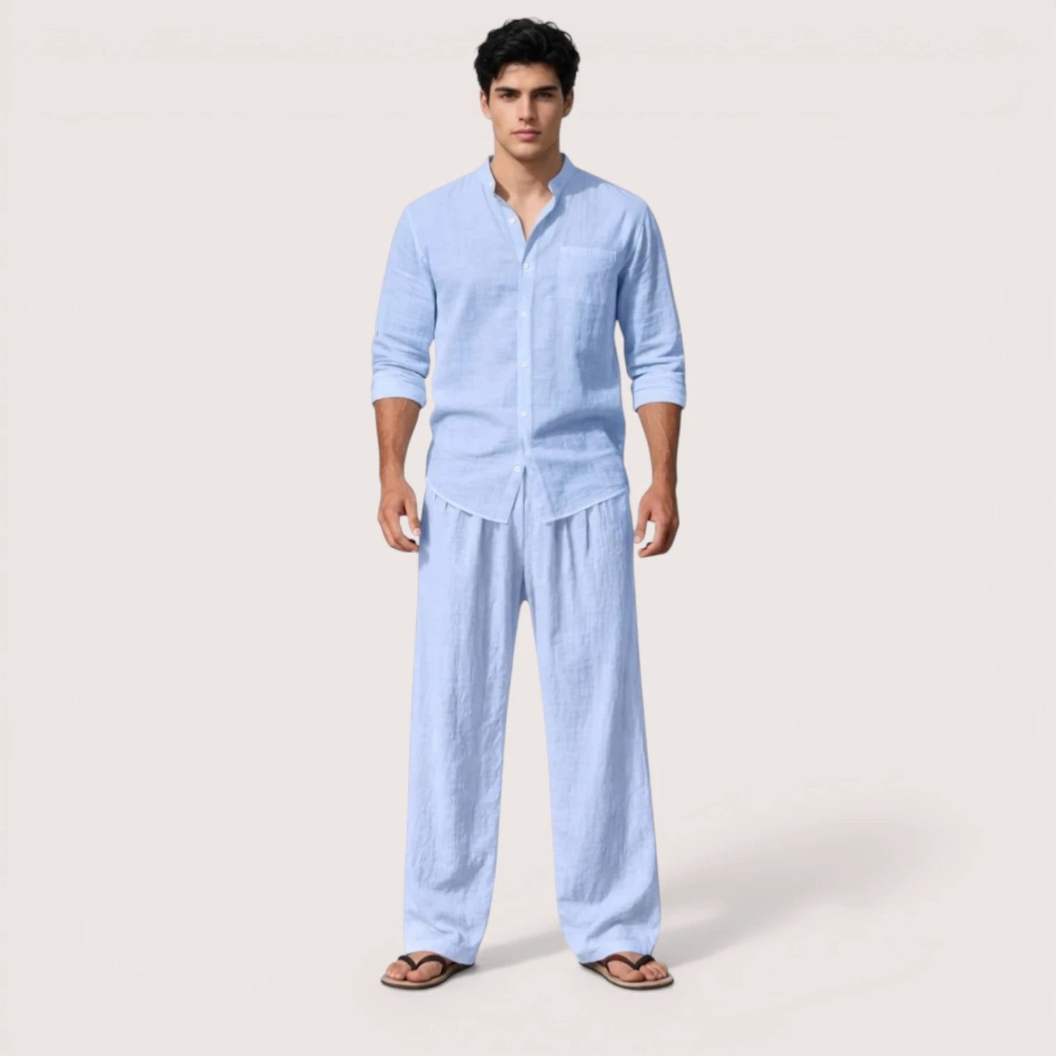 Milan | Men’s Linen Grandad Collar Shirt & Straight-Leg Trousers Set