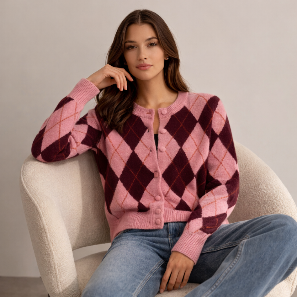 Sophia | Pink Argyle Knit Cardigan