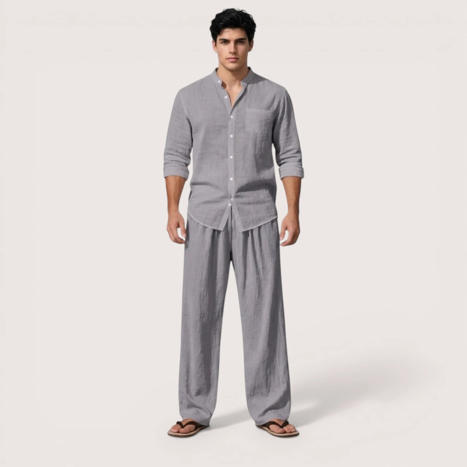 Milan | Men’s Linen Grandad Collar Shirt & Straight-Leg Trousers Set