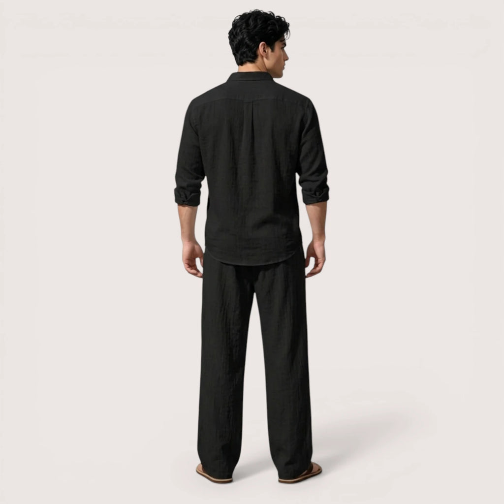 Milan | Men’s Linen Grandad Collar Shirt & Straight-Leg Trousers Set