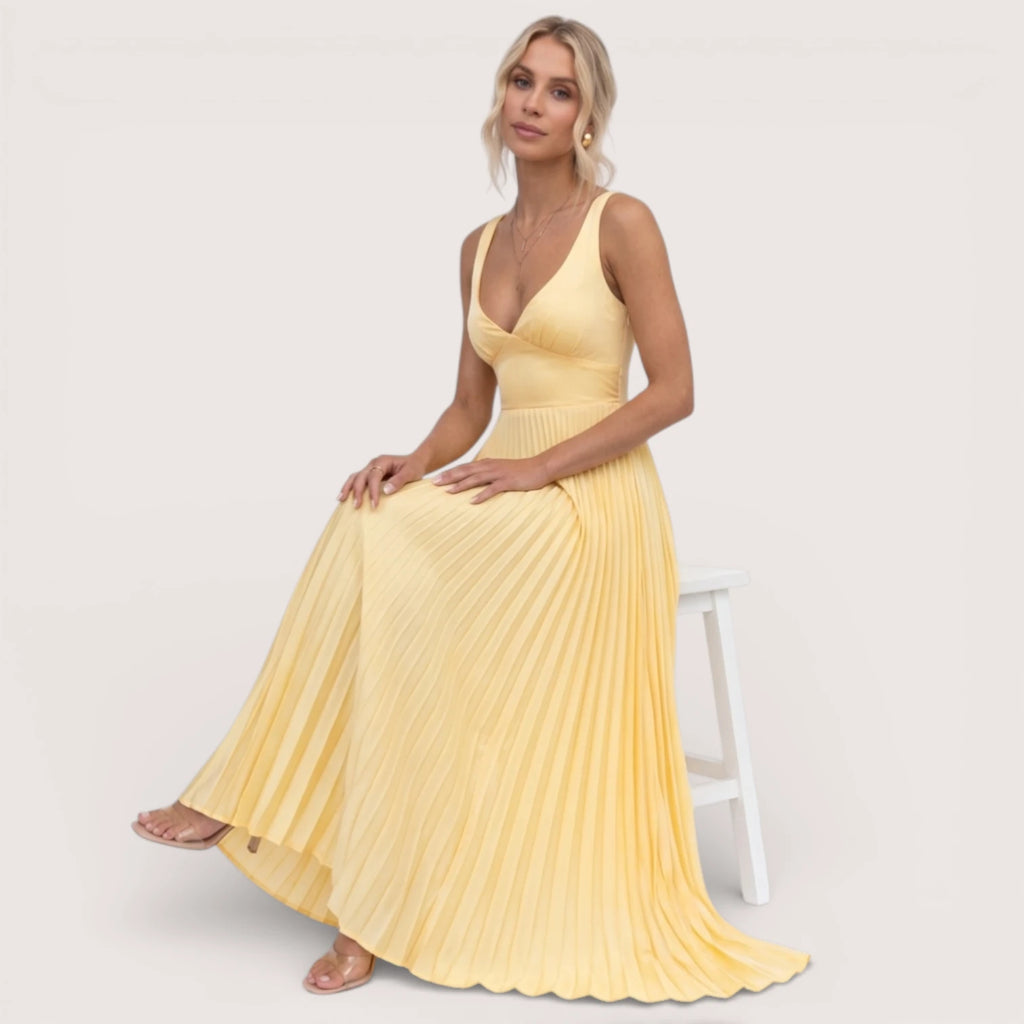 Solenne | Women’s Pleated V-Neck Maxi Dress