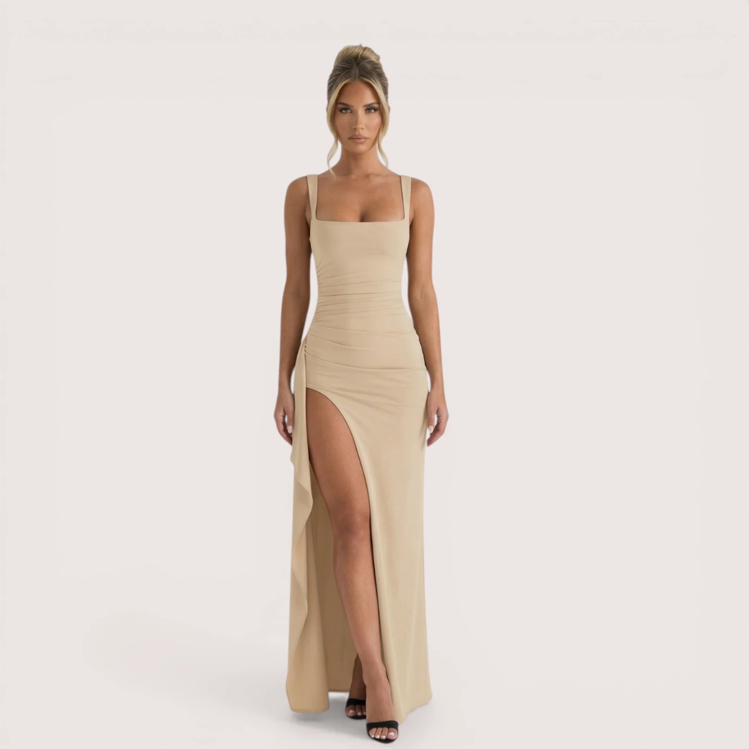 Selene Luxe Ruched Side Split Maxi Dress