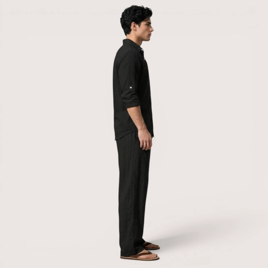 Milan | Men’s Linen Grandad Collar Shirt & Straight-Leg Trousers Set