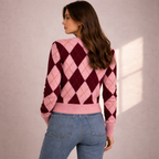 Sophia | Pink Argyle Knit Cardigan