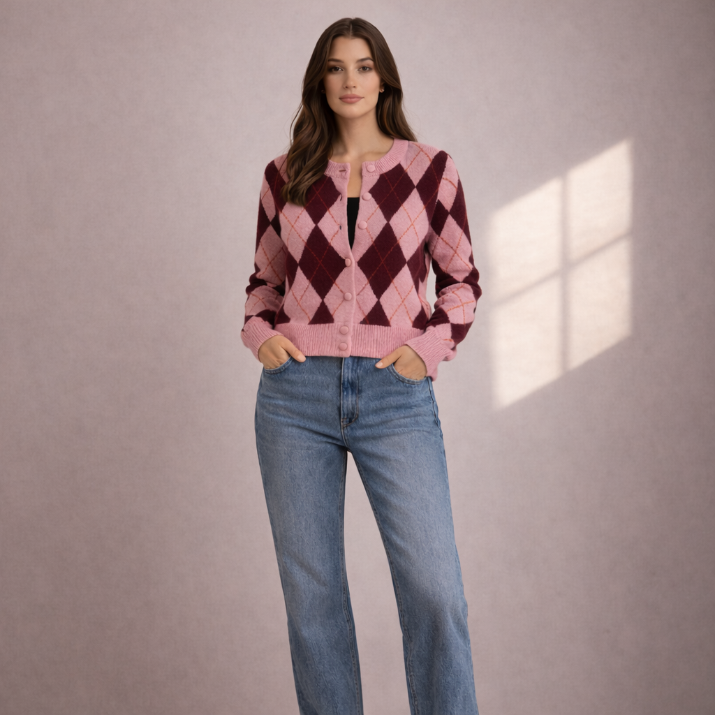 Sophia | Pink Argyle Knit Cardigan