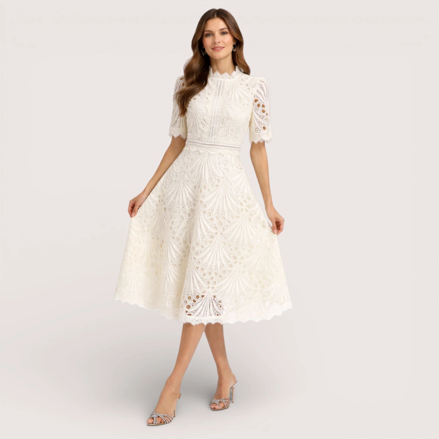Aria | Women’s Short Sleeve Lace Fit & Flare Midi Dress
