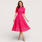 Aria | Women’s Short Sleeve Lace Fit & Flare Midi Dress