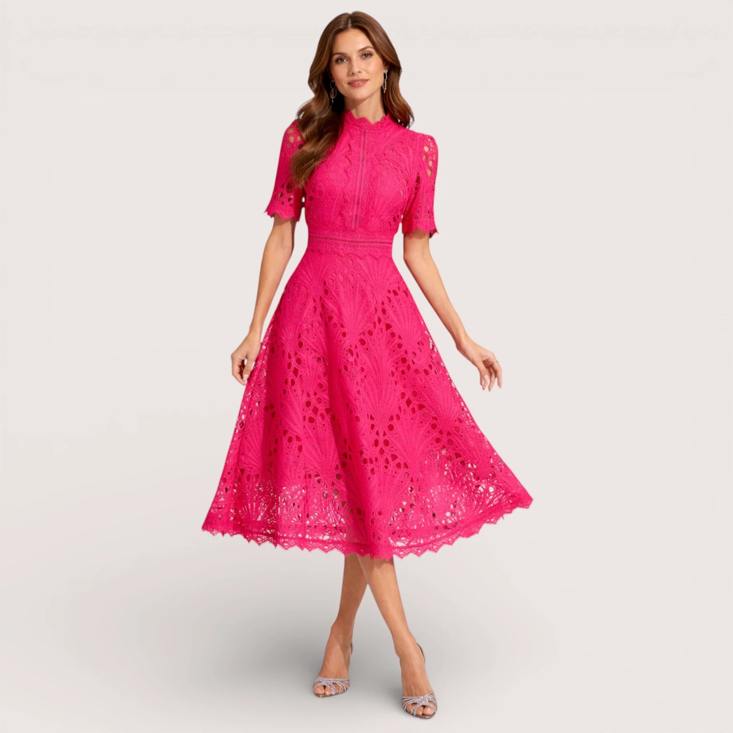 Aria | Women’s Short Sleeve Lace Fit & Flare Midi Dress