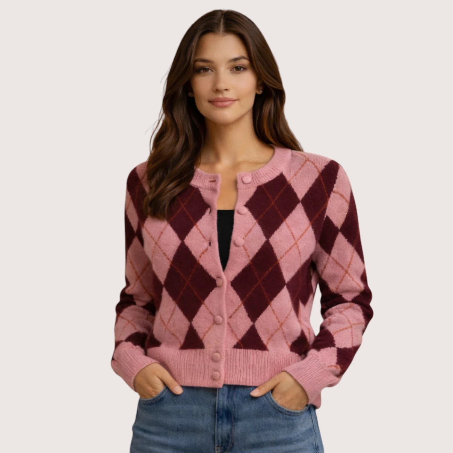 Sophia | Pink Argyle Knit Cardigan