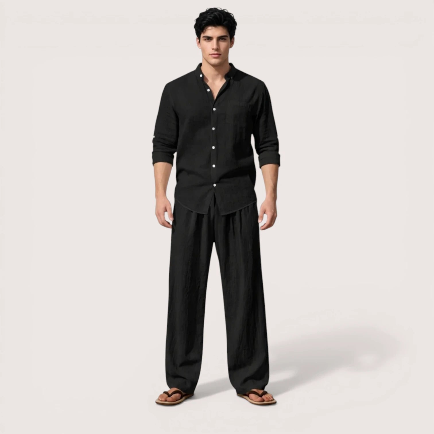 Milan | Men’s Linen Grandad Collar Shirt & Straight-Leg Trousers Set