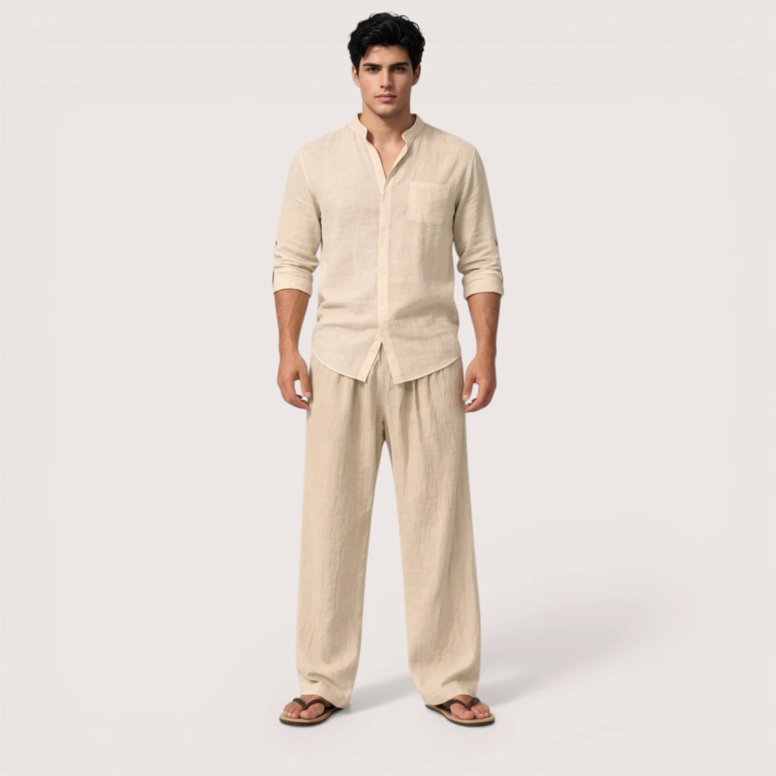 Milan | Men’s Linen Grandad Collar Shirt & Straight-Leg Trousers Set