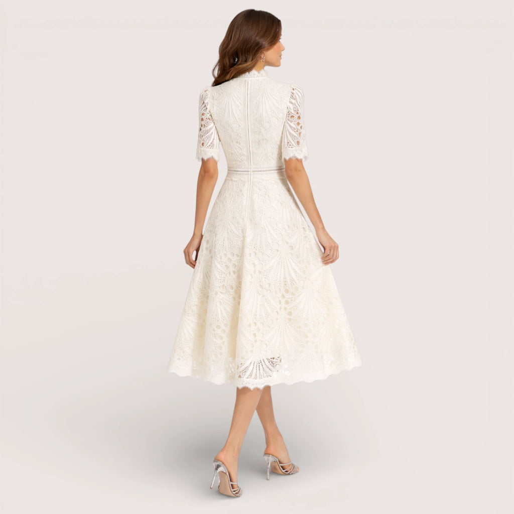 Aria | Women’s Short Sleeve Lace Fit & Flare Midi Dress