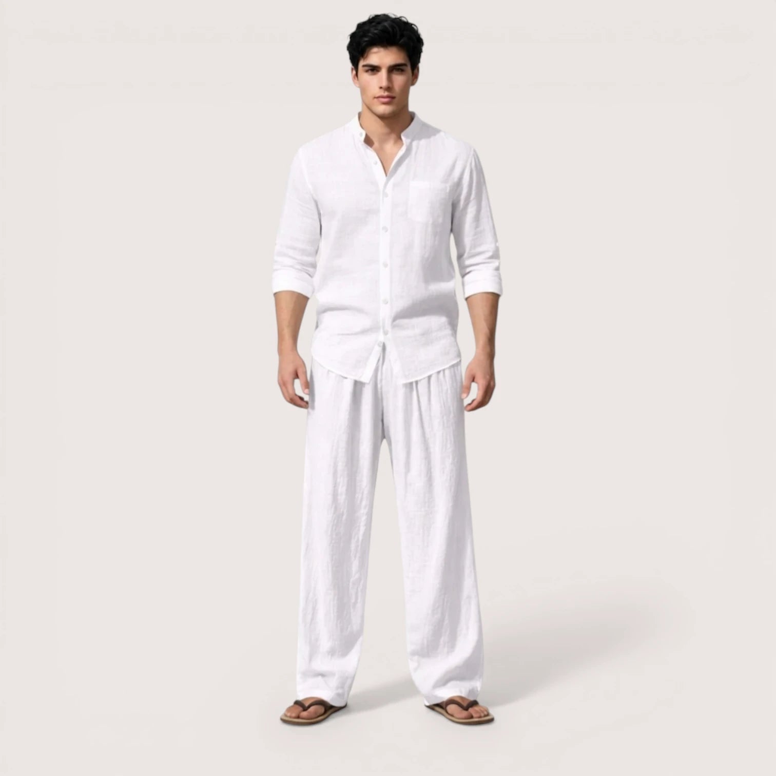 Milan | Men’s Linen Grandad Collar Shirt & Straight-Leg Trousers Set