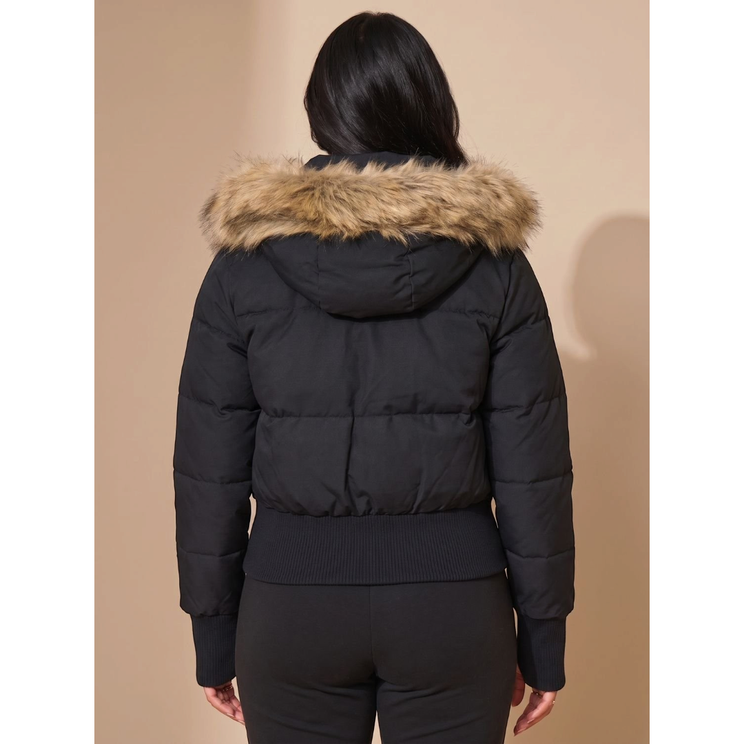 Amelia | Women's Cropped Quilted Puffer Jacket Faux Fur Hood