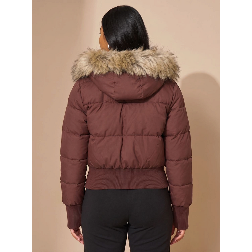 Amelia | Women's Cropped Quilted Puffer Jacket Faux Fur Hood