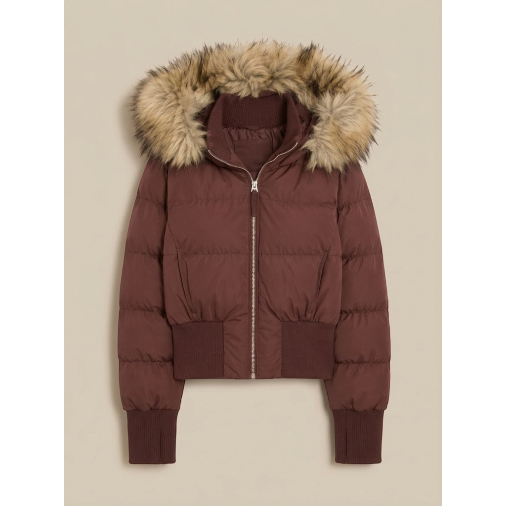 Amelia | Women's Cropped Quilted Puffer Jacket Faux Fur Hood