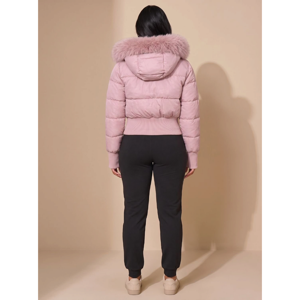 Amelia | Women's Cropped Quilted Puffer Jacket Faux Fur Hood