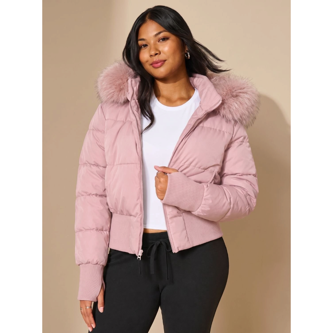 Amelia | Women's Cropped Quilted Puffer Jacket Faux Fur Hood