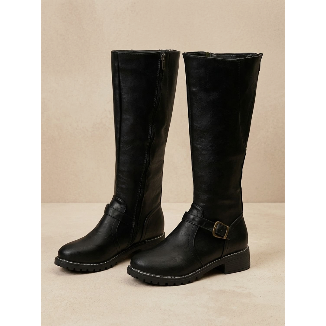 Amelia | Women's Faux Leather Knee-High Boots Side-Zip Buckle