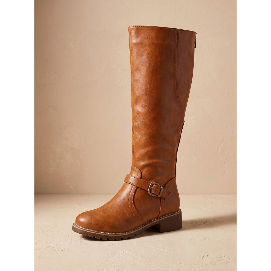 Amelia | Women's Faux Leather Knee-High Boots Side-Zip Buckle