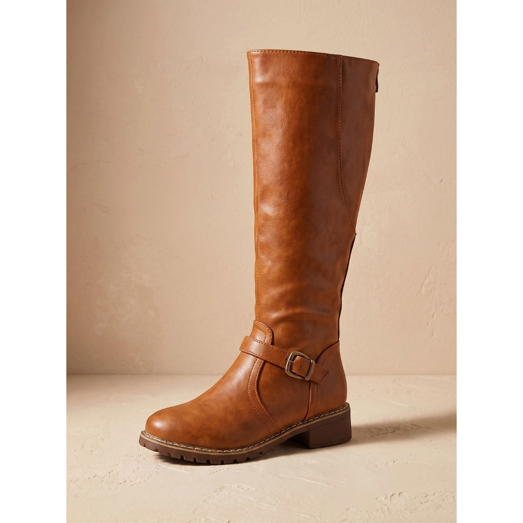 Amelia | Women's Faux Leather Knee-High Boots Side-Zip Buckle