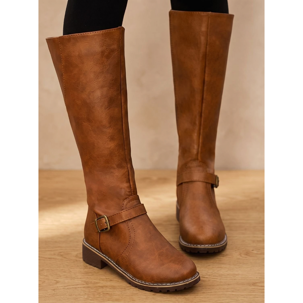 Amelia | Women's Faux Leather Knee-High Boots Side-Zip Buckle