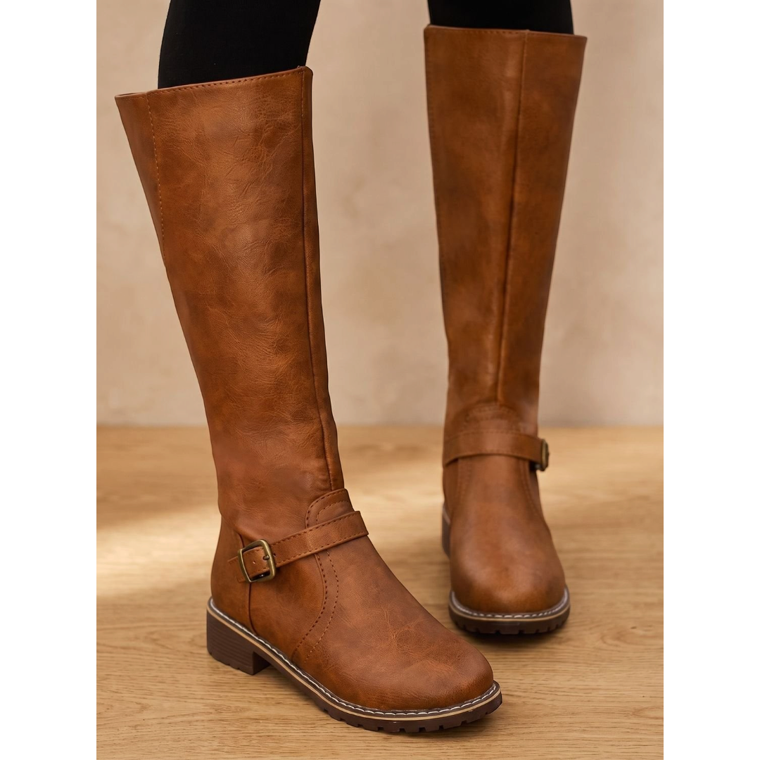 Amelia | Women's Faux Leather Knee-High Boots Side-Zip Buckle