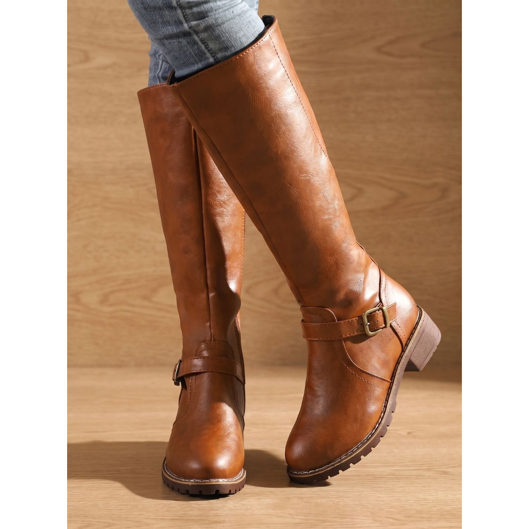 Amelia | Women's Faux Leather Knee-High Boots Side-Zip Buckle
