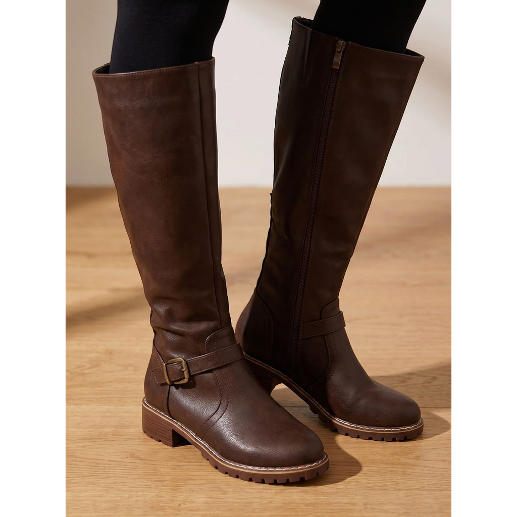 Amelia | Women's Faux Leather Knee-High Boots Side-Zip Buckle