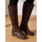 Amelia | Women's Faux Leather Knee-High Boots Side-Zip Buckle