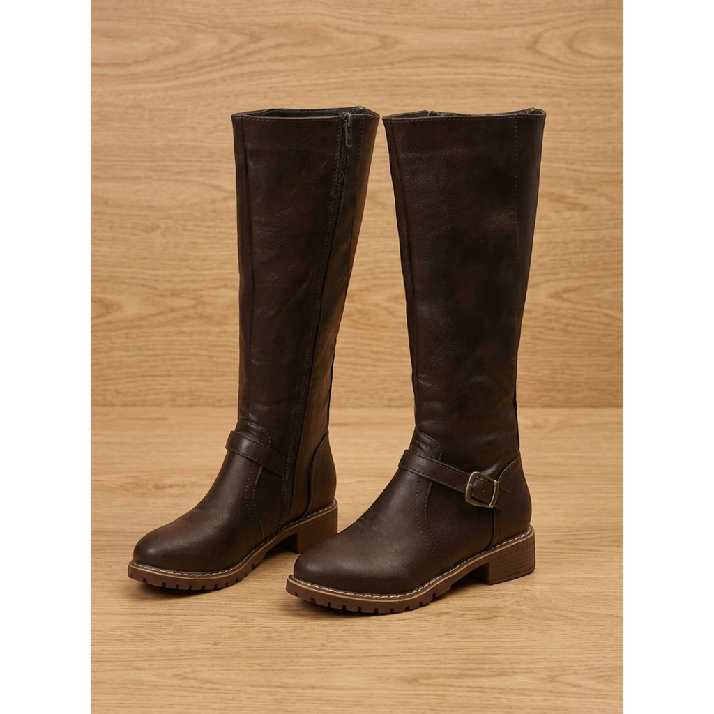 Amelia | Women's Faux Leather Knee-High Boots Side-Zip Buckle