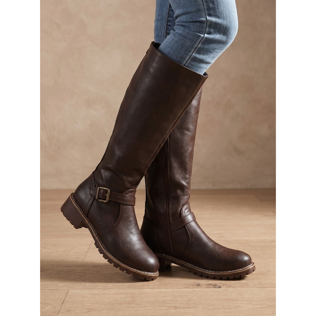 Amelia | Women's Faux Leather Knee-High Boots Side-Zip Buckle