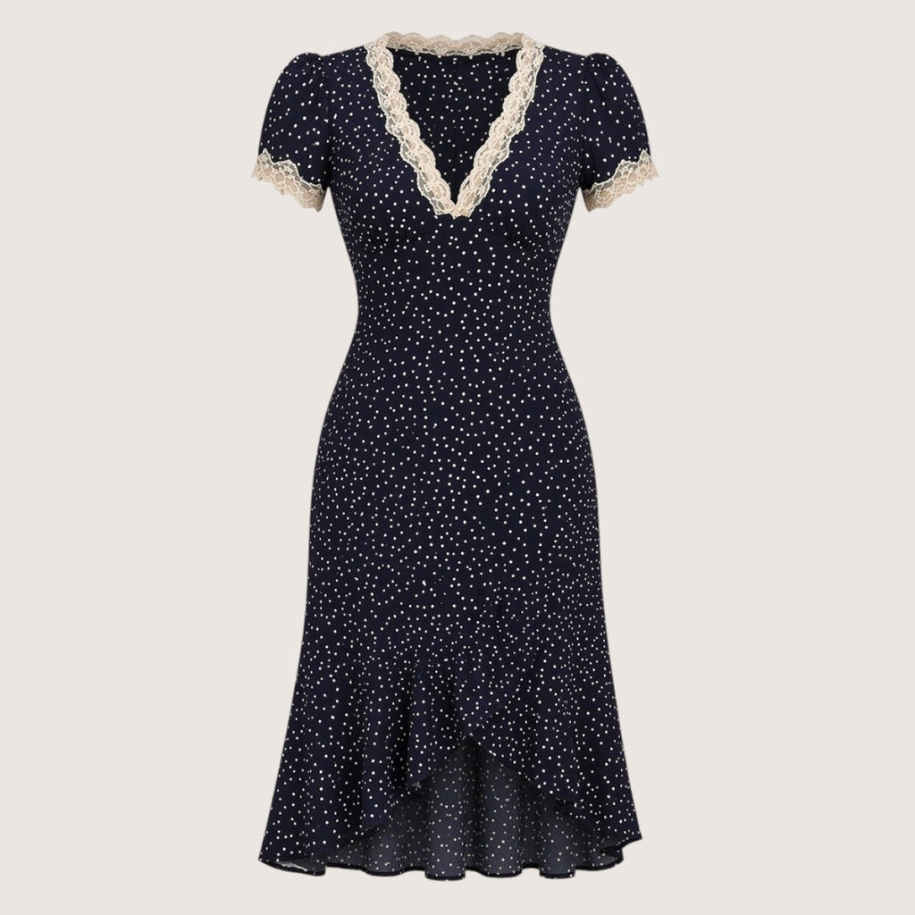 Elodie | Women’s Polka Dot Midi Dress with Lace Trim