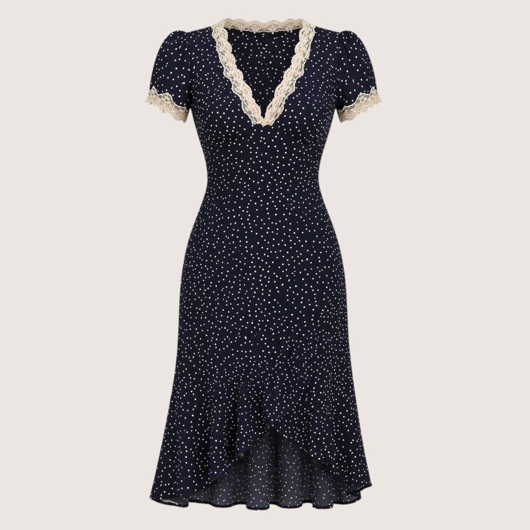 Elodie | Women’s Polka Dot Midi Dress with Lace Trim