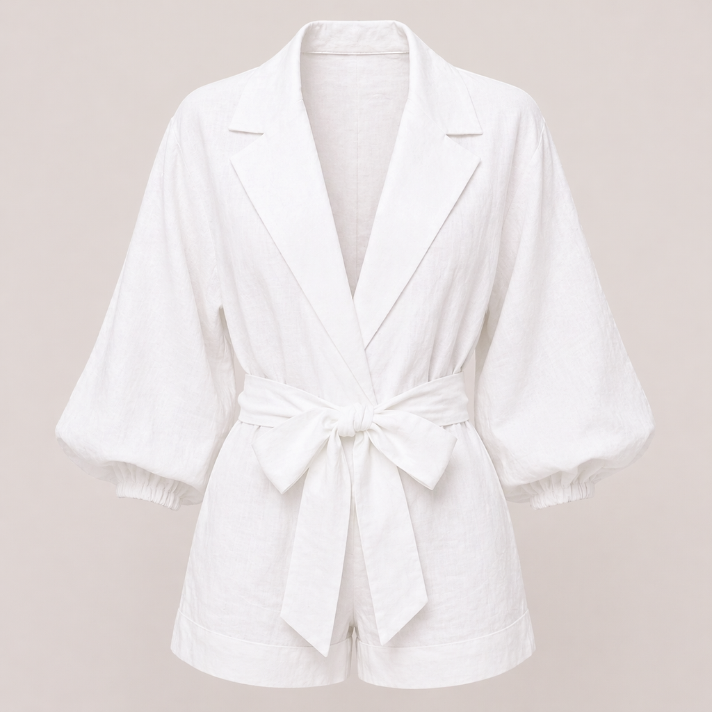 Solene | Women’s Belted Linen-Style Playsuit with Long Sleeves