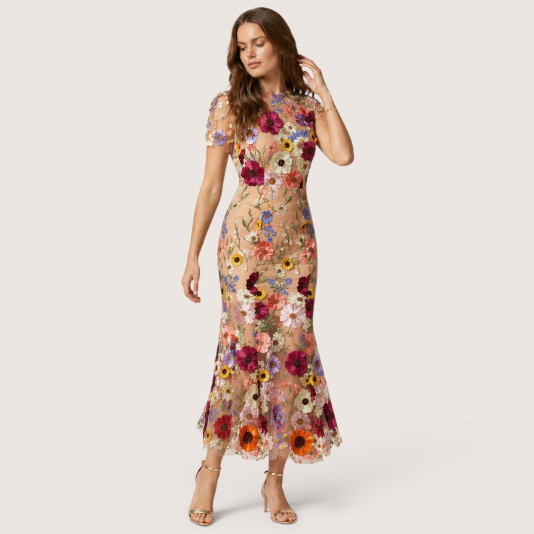Liora | Women’s Floral Embroidered Mesh Midi Dress