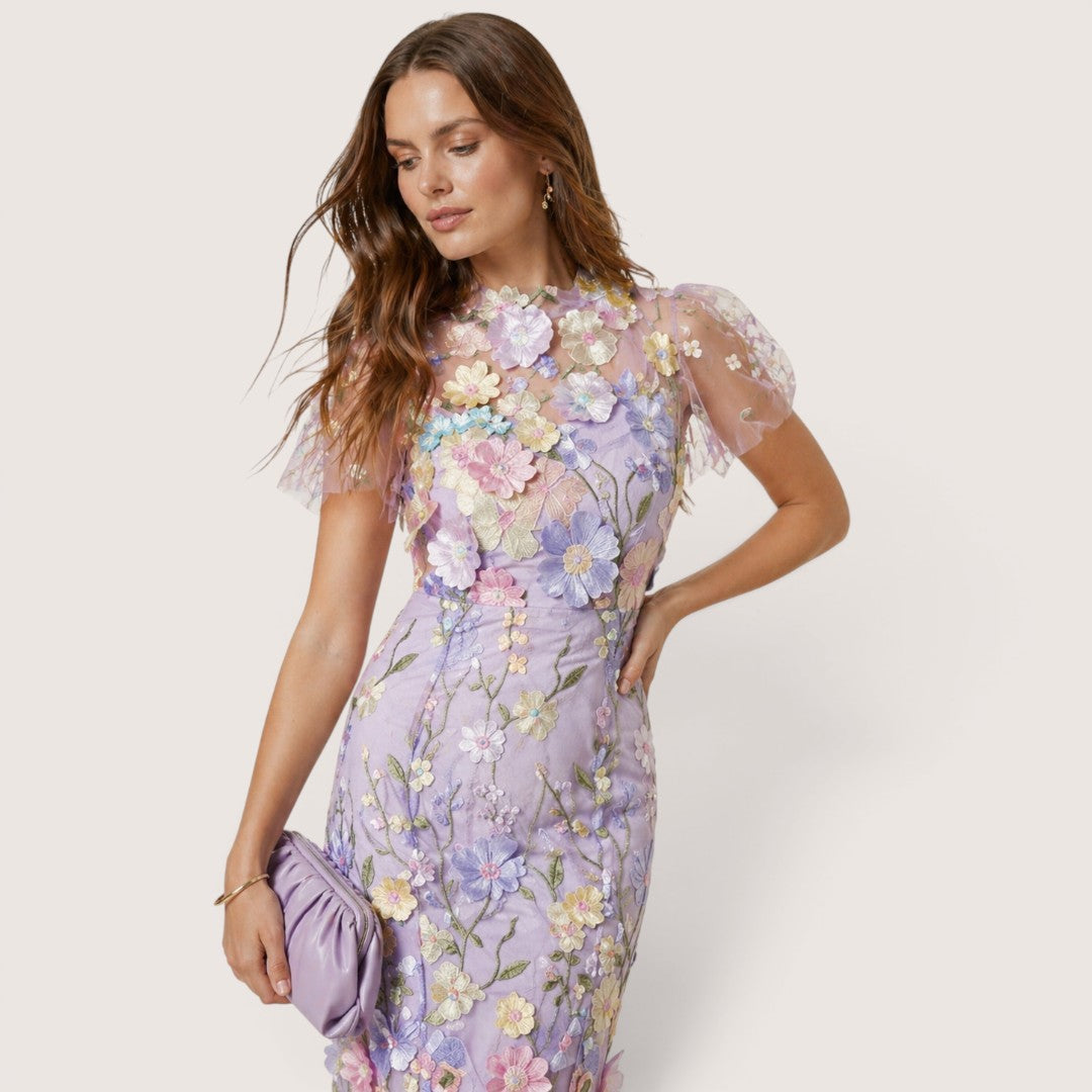 Liora | Women’s Floral Embroidered Mesh Midi Dress