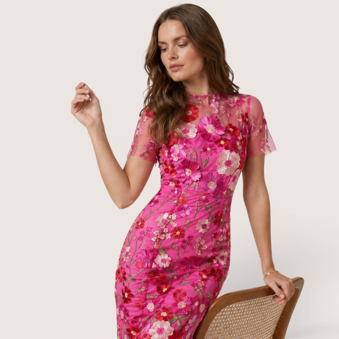 Liora | Women’s Floral Embroidered Mesh Midi Dress