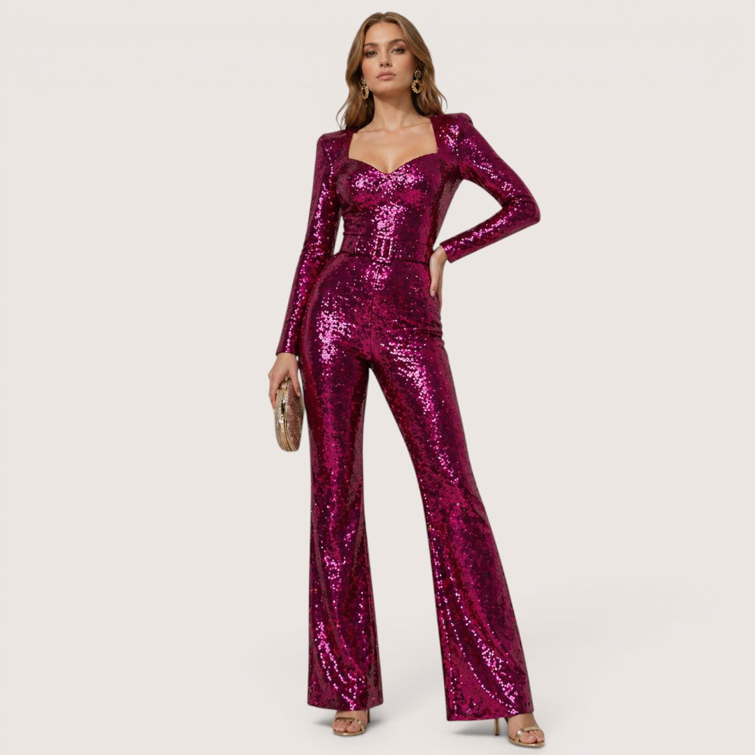 Celestia | Women’s Sequin Long Sleeve Flared Jumpsuit