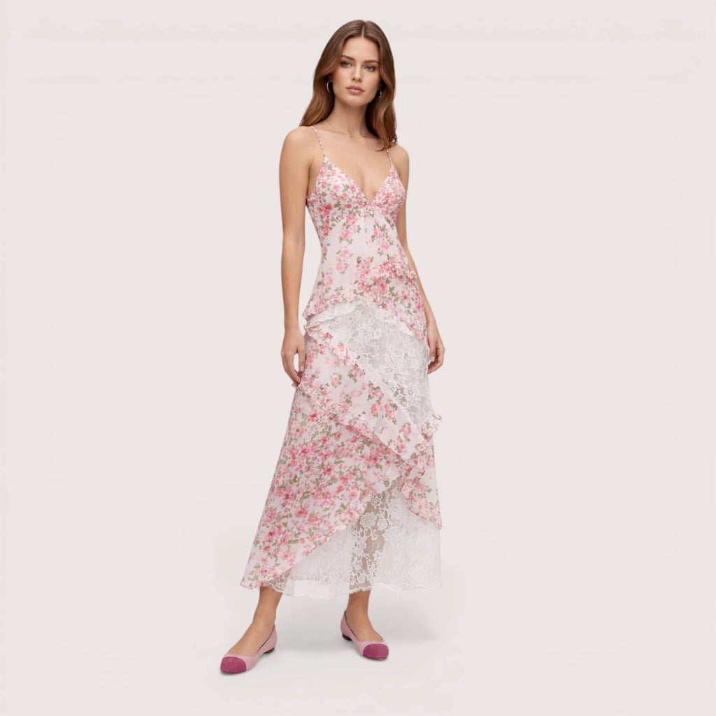 Liora | Women’s Floral Lace Slip Maxi Dress with Ruffle Hem