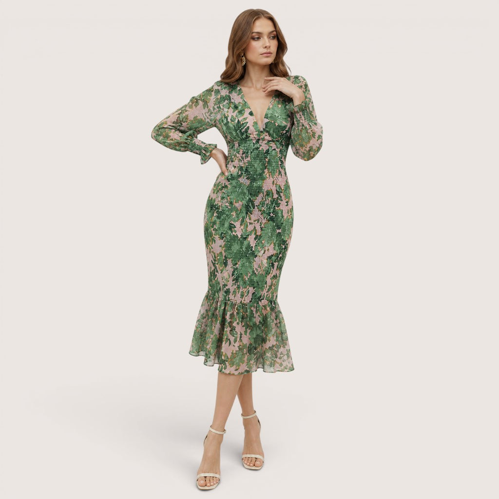 Solmira | Women’s Floral V-Neck Ruffle Midi Dress