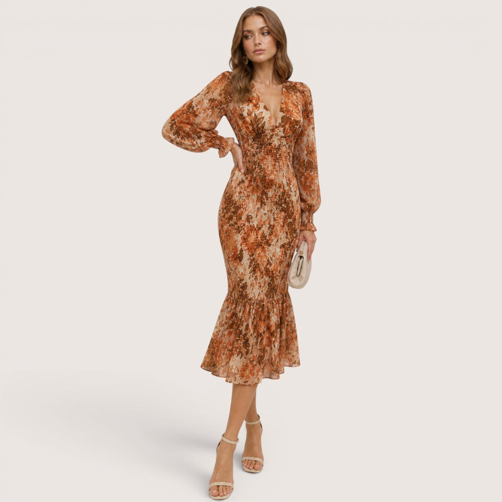 Solmira | Women’s Floral V-Neck Ruffle Midi Dress