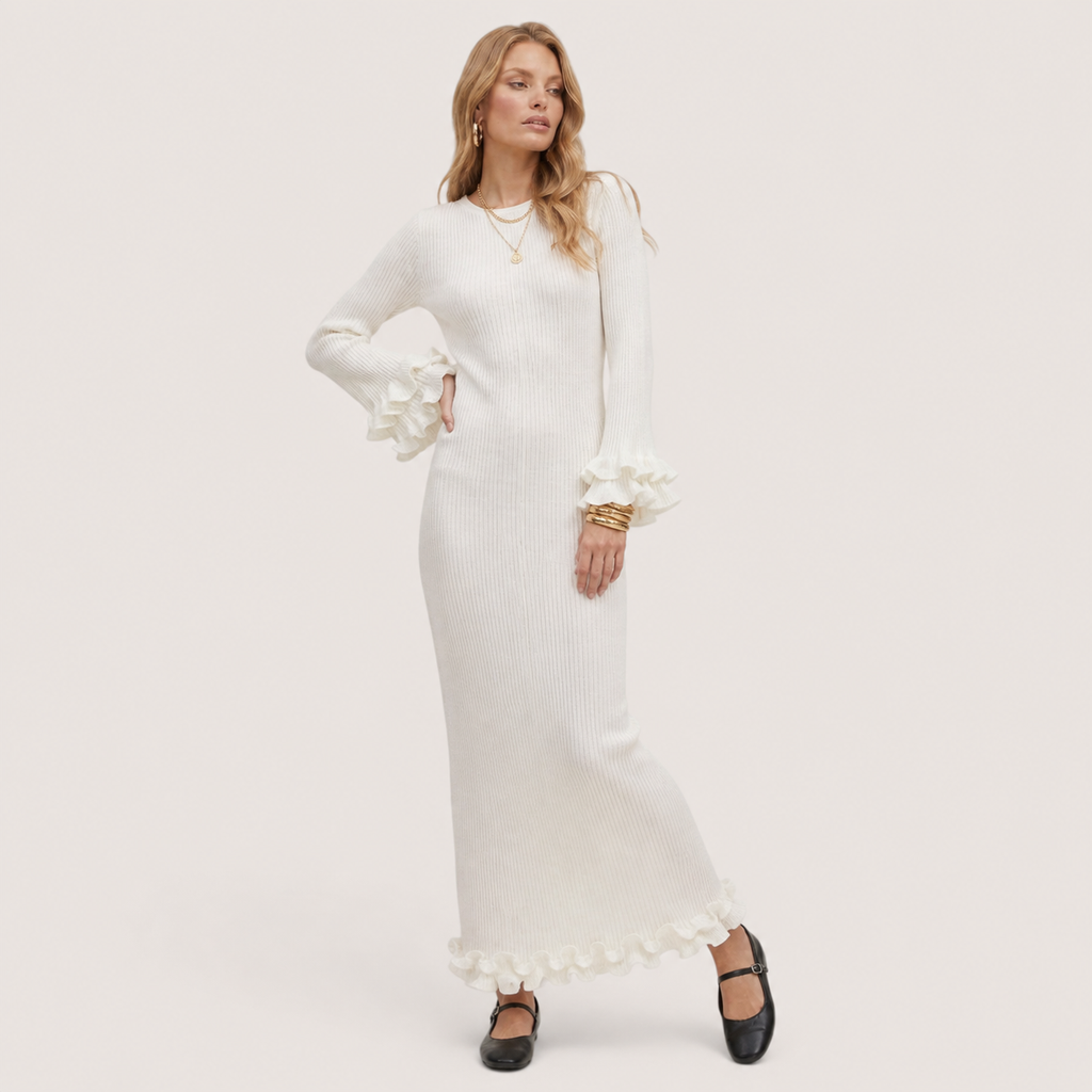 Elowra | Women’s Ribbed Knit Ruffle Maxi Dress