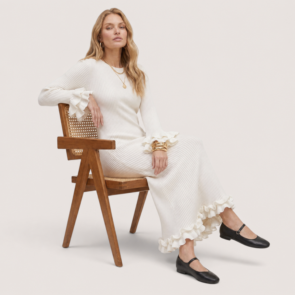 Elowra | Women’s Ribbed Knit Ruffle Maxi Dress