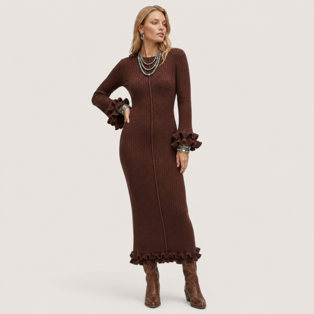 Elowra | Women’s Ribbed Knit Ruffle Maxi Dress