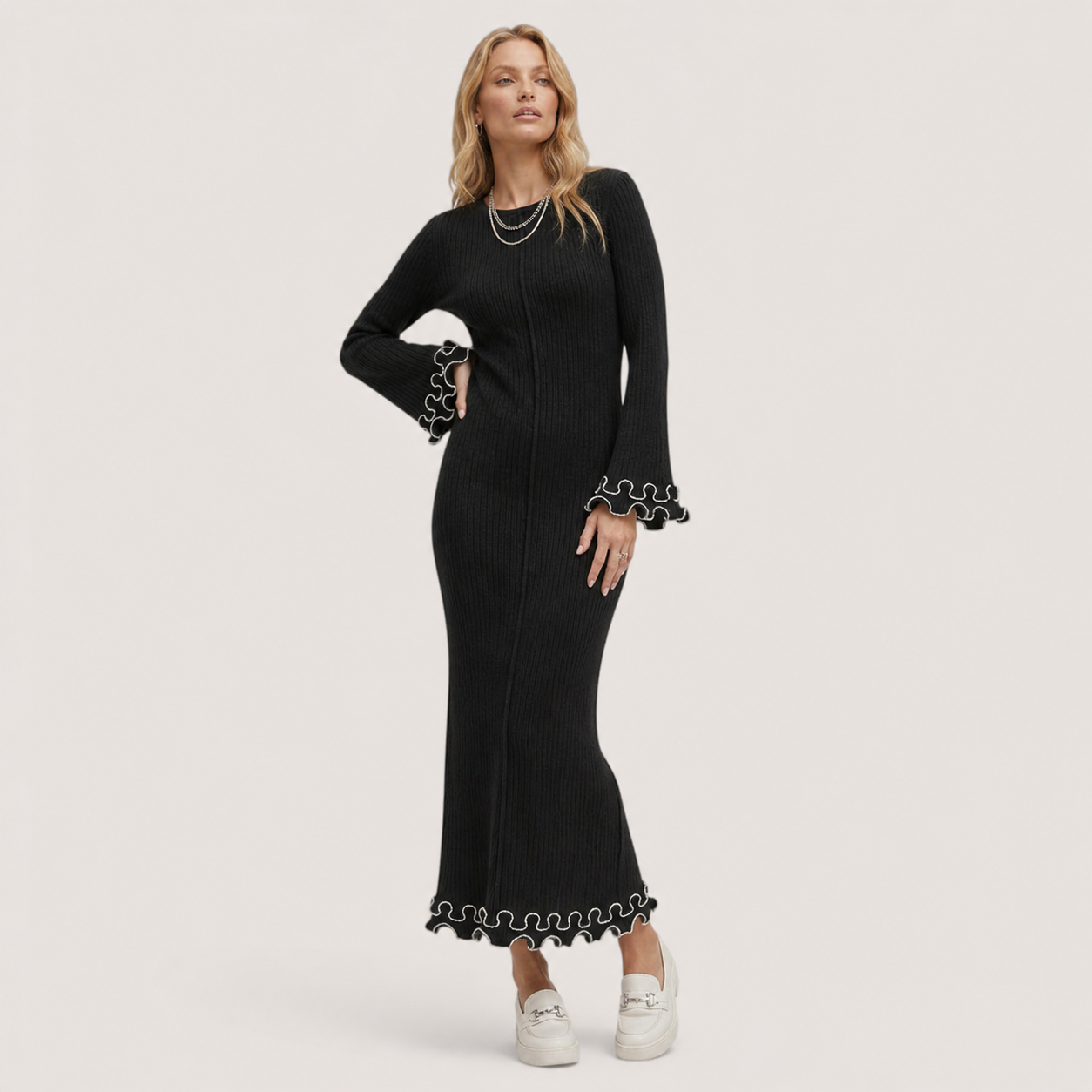 Elowra | Women’s Ribbed Knit Ruffle Maxi Dress