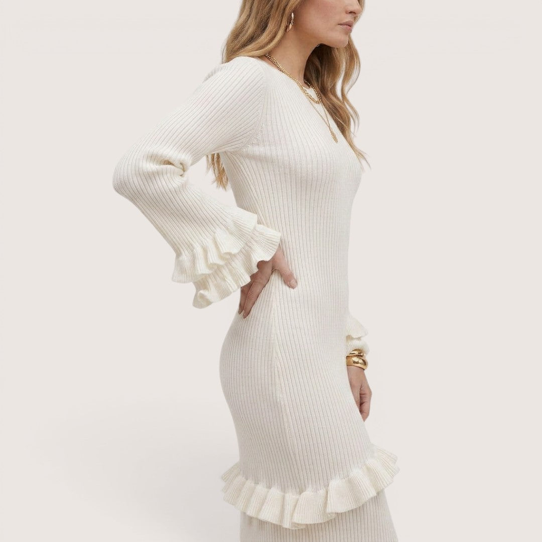 Elowra | Women’s Ribbed Knit Ruffle Maxi Dress
